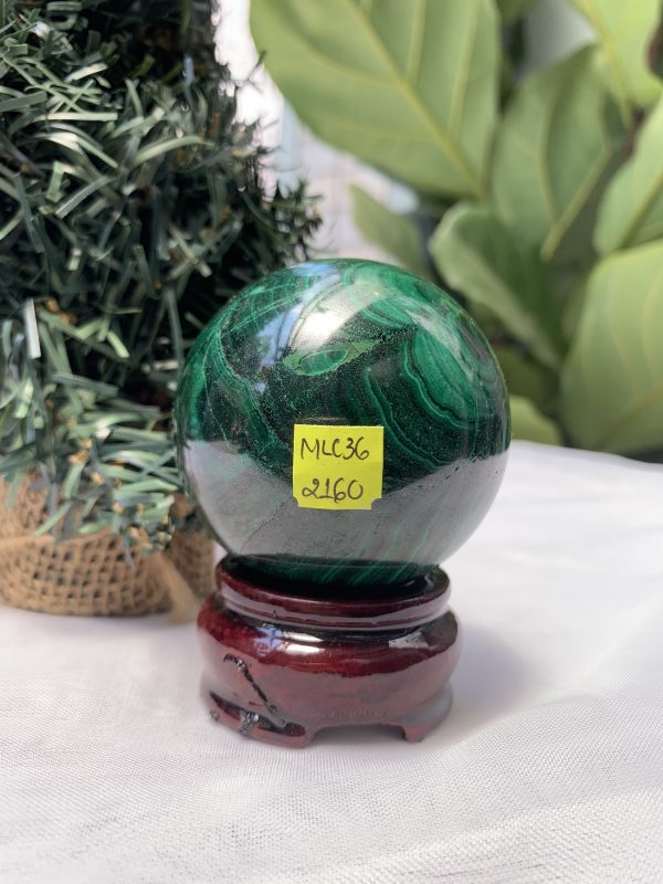 Bi cầu đá Lông Công – Đá Khổng Tước – Malachite Sphere, ĐK: 5.5 CM, KL: 0.36 KG (MLC36)