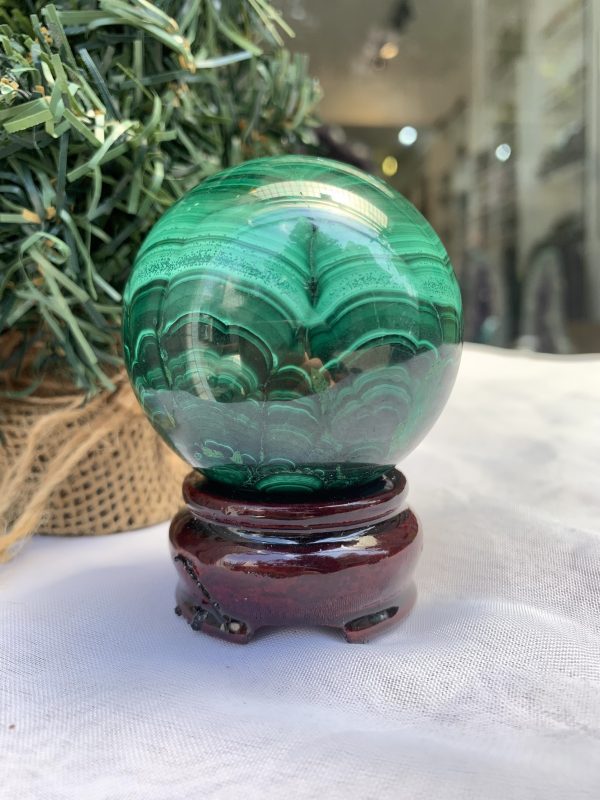 Bi cầu đá Lông Công – Đá Khổng Tước – Malachite Sphere, ĐK: 5.8 CM, KL: 0.398 KG (MLC43)